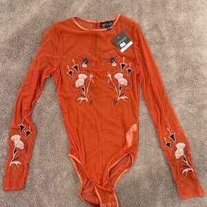 Topshop Orange Floral Embroidered Bodysuit